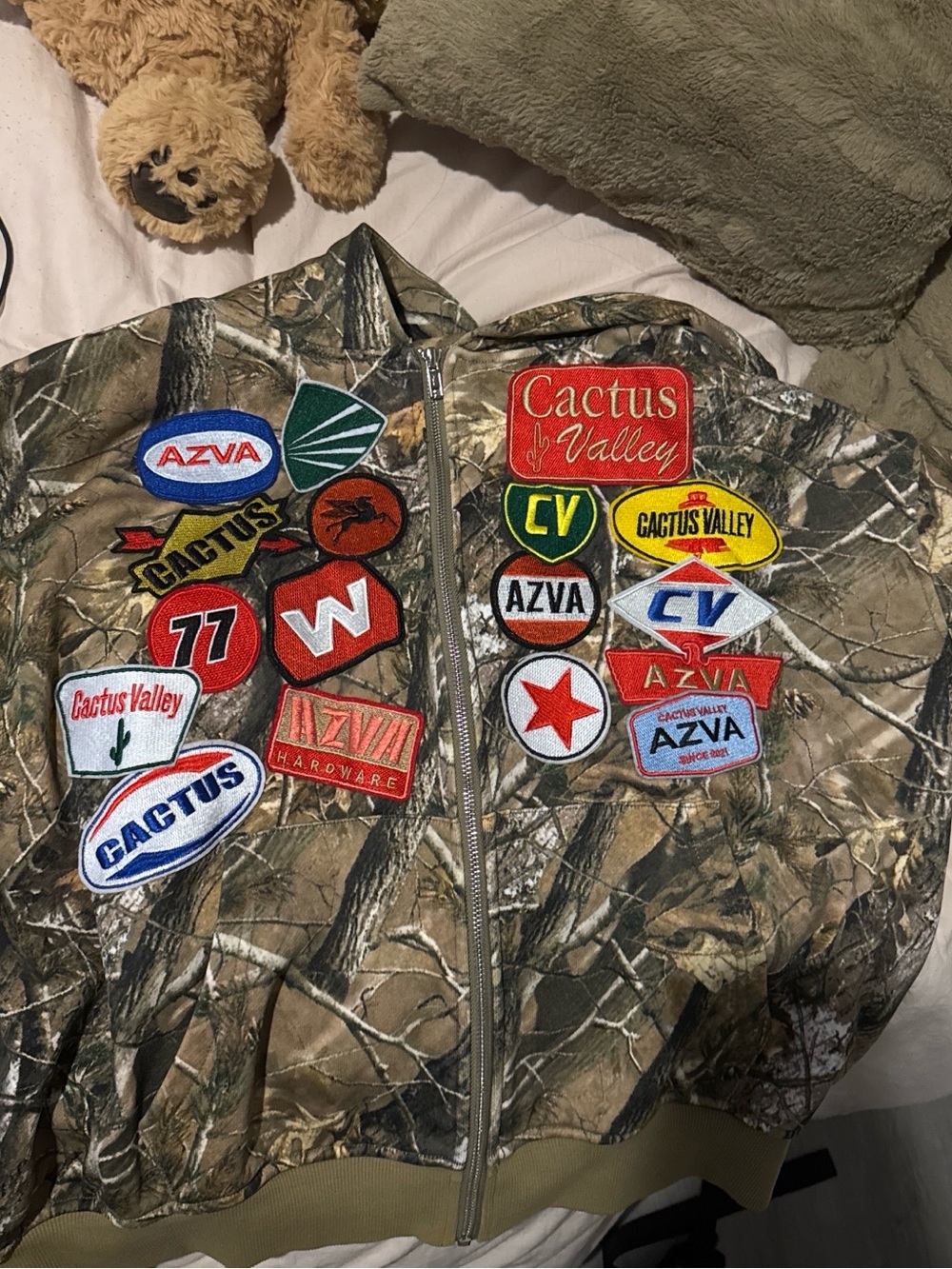 Camo Patch Zip-Up Jacket with Multiple Retro Patches